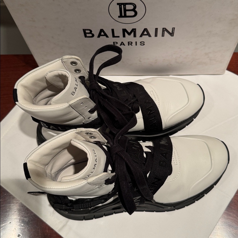 BALMAIN PARIS B TROOP HI-TOP SNEAKERS IN WHITE LEATHER W/BLACK LACES STRAPS EU40 - Picture 10 of 15